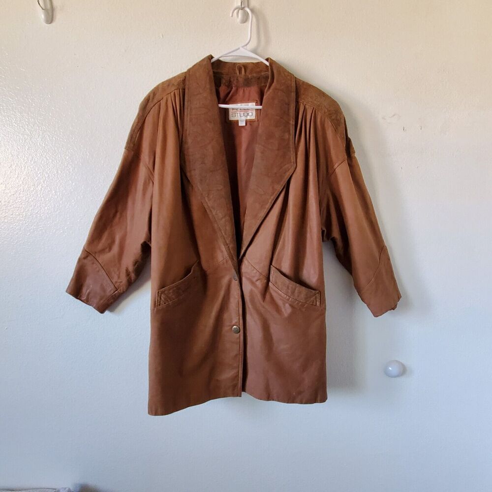 Vintage Pelle Studio Overcoat Womens L Brown Leather Lined Pockets Shawl Collar